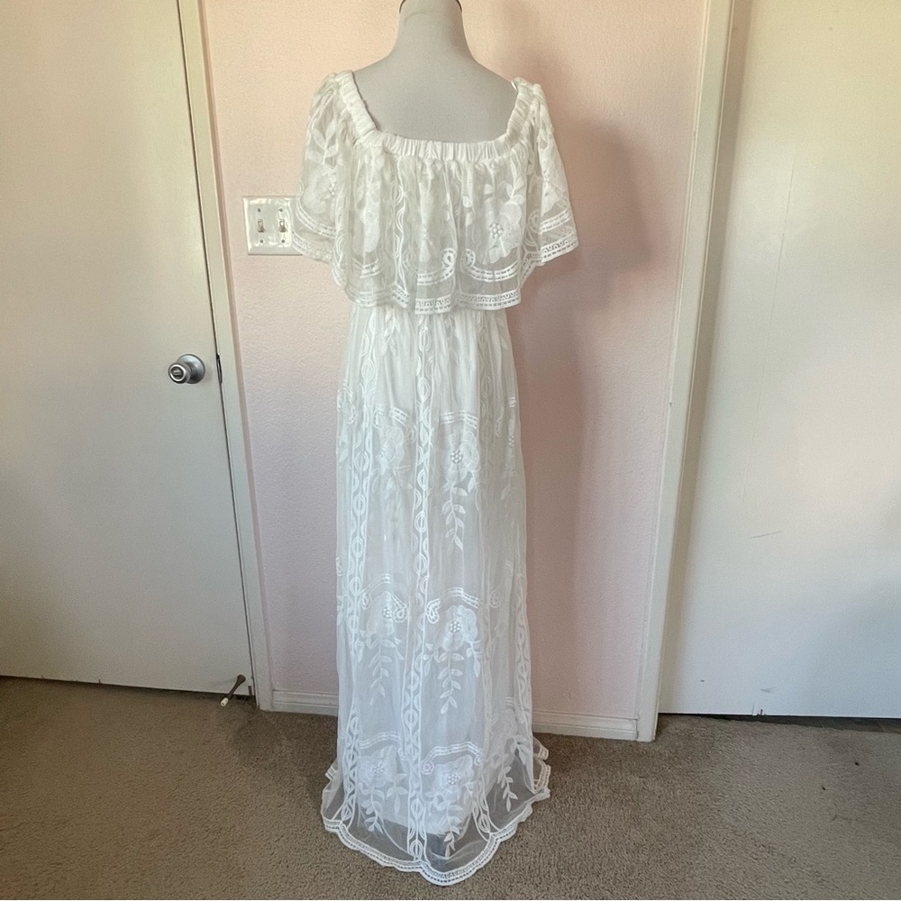 White Boho Lace Off Shoulder Maxi Dress Embroidered Romantic Coastal Medium - Picture 7 of 16